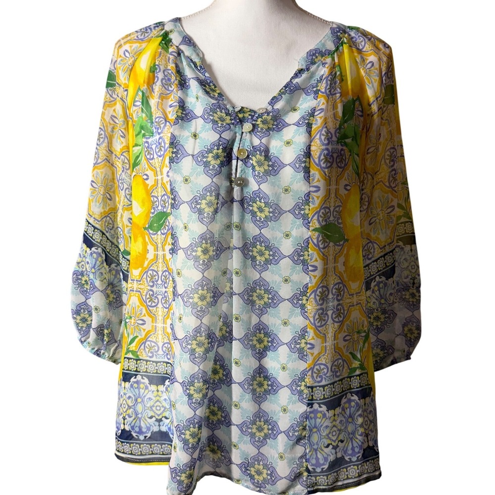 Valerie Stevens Lemon Tile Print Blouse S Yellow Blue Excellent Mediterranean